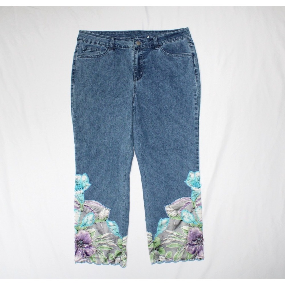 Soft Surroundings Nevaeh Floral Beaded Fairy Cropped Denim Jeans Pants Women 10P - Picture 2 of 15